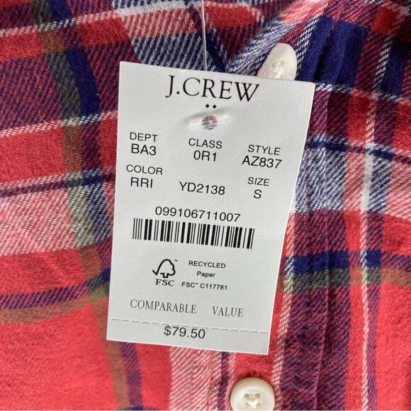 NWT J. CREW Plaid Flannel Red Navy Blue Button Down Shirt Small - Picture 4 of 4